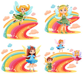 Wall Mural - cute fantasy fairy cartoon character with colourful rainbow