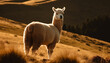 Fluffy alpaca grazing on rural farm meadow generated by AI