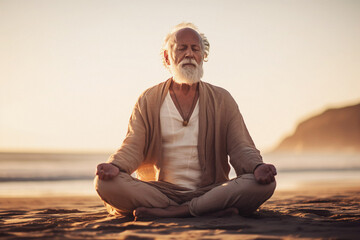 Illustration of old mature man doing yoga on the beach