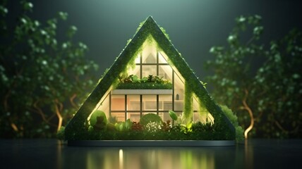 Eco green house building with water reflection. Environment modern green background. Presentation, promotion, banner, header, website, poster, editing, and more. Generative ai	