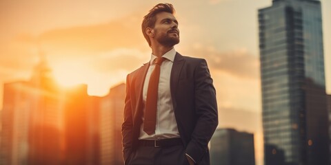 Happy wealthy rich successful business man standing in big city modern skyscrapers street on sunset thinking of successful future vision, dreaming of new investment opportunities. Generative AI