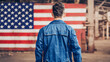 American man with denim jacket and USA flag background