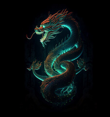 Wall Mural - Image of a dragon with beautiful bright colors on black background. Mythical creatures. Illustration, Generative AI.