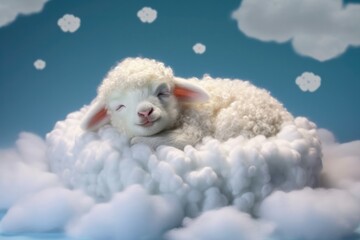 Canvas Print - A cute little baby sheep sleeps on a cloud. Generative AI