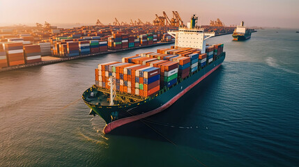 Wall Mural - Aerial top view Container carrier ship and business logistic commercial intermodal freight transport in Cargo ship of international travel sea, Generative AI