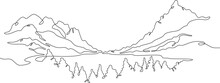 The Most Beautiful Landscape. Wild Nature. Wonderful Lakes. High Mountains. Vast Forests. One Continuous Line. Linear.One Continuous Line Drawn Isolated, White Background.