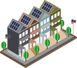 Vector isometric townhome 4 houses in a cute style on a white background on a roof with solar panels representing clean energy, new energy, renewable energy.Use for mapping media infographics. study.