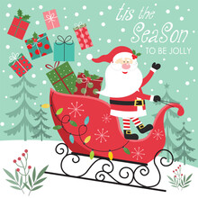 Christmas Card With Santa Claus And Sleigh