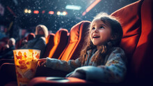 Photo Of A Girl Watching An Exciting Movie In A Dark Cinema.