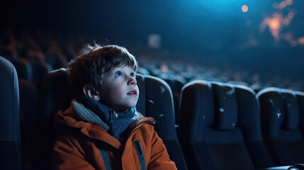 Photo of a boy watching an exciting movie in a dark cinema. AI generation. 