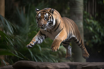 Wall Mural - a Sumatran tiger is jumping