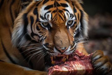 Wall Mural - a Sumatran tiger eating meat