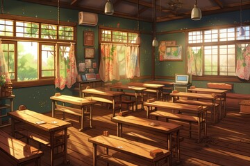 Anime style background, game background, classroom school. Generative AI