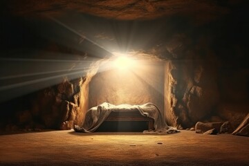 Empty tomb of Jesus Christ. Abandoned shroud and crown of thorns on the floor. Light pouring into the cave. Generative AI