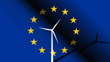 Wind turbines on the background of the flag EU Europe