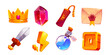 Game ui interface icon cartoon vector element set. Gold crown, gem, tnt dynamite, potion bottle and letter rpg loot props item kit isolated on white background. Achievement sword weapon for arcade app