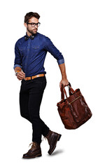 Fashion, model and portrait of man with a bag or style of clothes for travel isolated in a transparent and png background. Cool, fun and young person or hipster with a retro suitcase walking