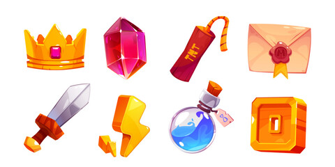 Wall Mural - Game ui interface icon cartoon vector element set. Gold crown, gem, tnt dynamite, potion bottle and letter rpg loot props item kit isolated on white background. Achievement sword weapon for arcade app