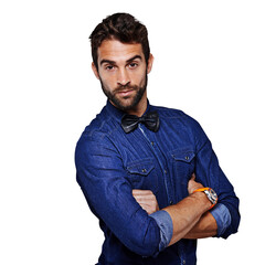 Wall Mural - Man, face and portrait with arms crossed in confidence of a creative casual designer isolated on a transparent PNG background. Confident male person or model posing with denim shirt for fashion style