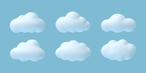 3d clouds. white cartoon cloud in summer, spring blue sky, fluffy cumulus shapes. abstract balloon e
