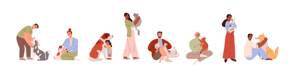 Set of people hugging dogs and cats, adults and children flat style