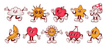 Cartoon Abstract Character. Retro Trendy Characters, Comic Sun And Cloud, Mascot Running Cherry, Shape Star With Legs And Hands, Heart With Funny Face, Vintage Mushroom. Vector Set