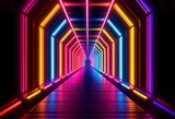 Fototapeta Perspektywa 3d - Illustration of neon rainbow tunnel. Level design. Retro wave. Retrofuturism sci-fi game scene. Warp tube. Generative ai.
