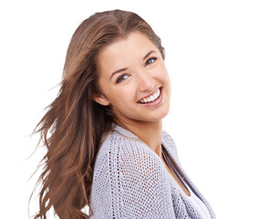 Wall Mural - Portrait, winter fashion and smile with a woman isolated on a transparent background for trendy style. Face, PNG and lifestyle with a happy young brunette female person posing in contemporary clothes