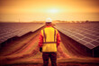 Worker looking at a solar panel farm