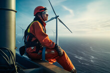 Worker On Top Of An Offshore Wind Turbine Looking At The Ocean