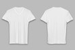 Black White v-neck t-shirt template. Short sleeve t-shirt realistic mockup, isolated on a grey background. Front  and back sides.3d rendering.