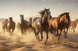 © Нина Башарова - Small herd of free wild brown horses running on loose sand in the desert against the background of cloudy sky and mountain landscape. Generative AI.