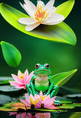 Wall Mural - Cute frog sitting on the lily leaf in the pond Generative AI