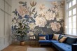 © Slanapotam - Modern living room interior, beautiful floral mural, flowers on wall