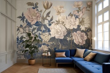 modern living room interior, beautiful floral mural, flowers on wall