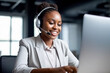 © Рика Тс - Smiling American customer service representative working with a headset in the office. Call center agent with headset making a video call. Black woman telemarketing agent works in a call center. AI.