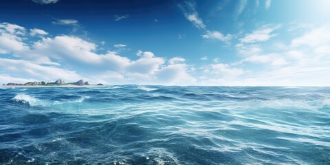  Beautiful seascape panorama, ocean sea wave surface and clear blue sky. Generative AI
