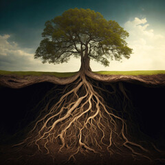 A large tree with a strong root system in the soil. Image taken by AI