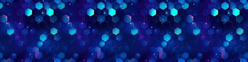 Poster - Abstract futuristic digital geometric technology hexagon background banner panorama illustration, seamless pattern - Dark blue glowing hexagonal 3d shape texture Generative AI