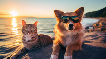 Cat And Dog Happily Relaxing On The Beach On Vacation, Traveling With Pets, Summer. Sunglasses Generative AI.