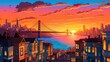 Background San Francisco. An artful depiction of San Francisco's famous bridge, beautifully illustrated with a mesmerizing sunset backdrop and eye-catching banner design. Generative AI.