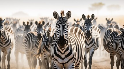 Herd of striped zebras standing in wild dusty desert at sunlight. Black and white animals look ahead grazing in savanna on sunny day generative AI