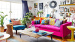 A vibrant and eclectic living room with a mix of modern and vintage furniture by Generative AI