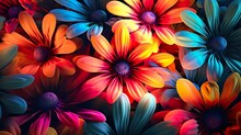 Abstract Background With Daisy Bouquet In Orange And Blue Neon Colors. Colorful Blooming Flowers In Close Up View, Floral Modern Wallpaper. Horizontal Illustration For Banner Design. Generative AI.