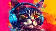 Abstract background with funny cat in headphones at colorful paints drops and splashes backdrop. Cute pet listening music. Animal portrait. Horizontal illustration for banner design. Generative AI.