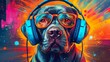 Abstract background with dog in headphones and sunglasses at colorful paints drops backdrop. Cute rottweiler listening music. Animal portrait. Horizontal illustration for banner design. Generative AI.