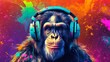Abstract background with monkey ape in headphones at colorful paints drops and splashes backdrop. Cute animal portrait modern wallpaper. Horizontal illustration for banner design. Generative AI.