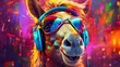 Abstract background with funny horse in headphones and sunglasses at colorful paints backdrop. Happy pet listening music. Animal portrait. Horizontal illustration for banner design. Generative AI.