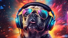 Abstract Background With Funny Pug Dog In Headphones And Sunglasses At Colorful Paints Drops Backdrop. Cute Pet Listen Music. Animal Portrait. Horizontal Illustration For Banner Design. Generative AI.