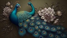 Elegant Leather Base Peacock With Feathers And Flowers High Quality Illustration Background. 3d Interior Mural Painting Wall Art Decor Wallpaper. Peacock Feather Pattern Background